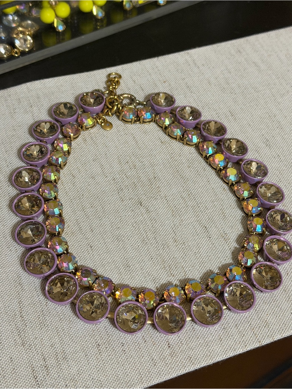 J. Crew Brûlée Lavender Round Crystal Rhinestone statement Necklace w/ AB accent
